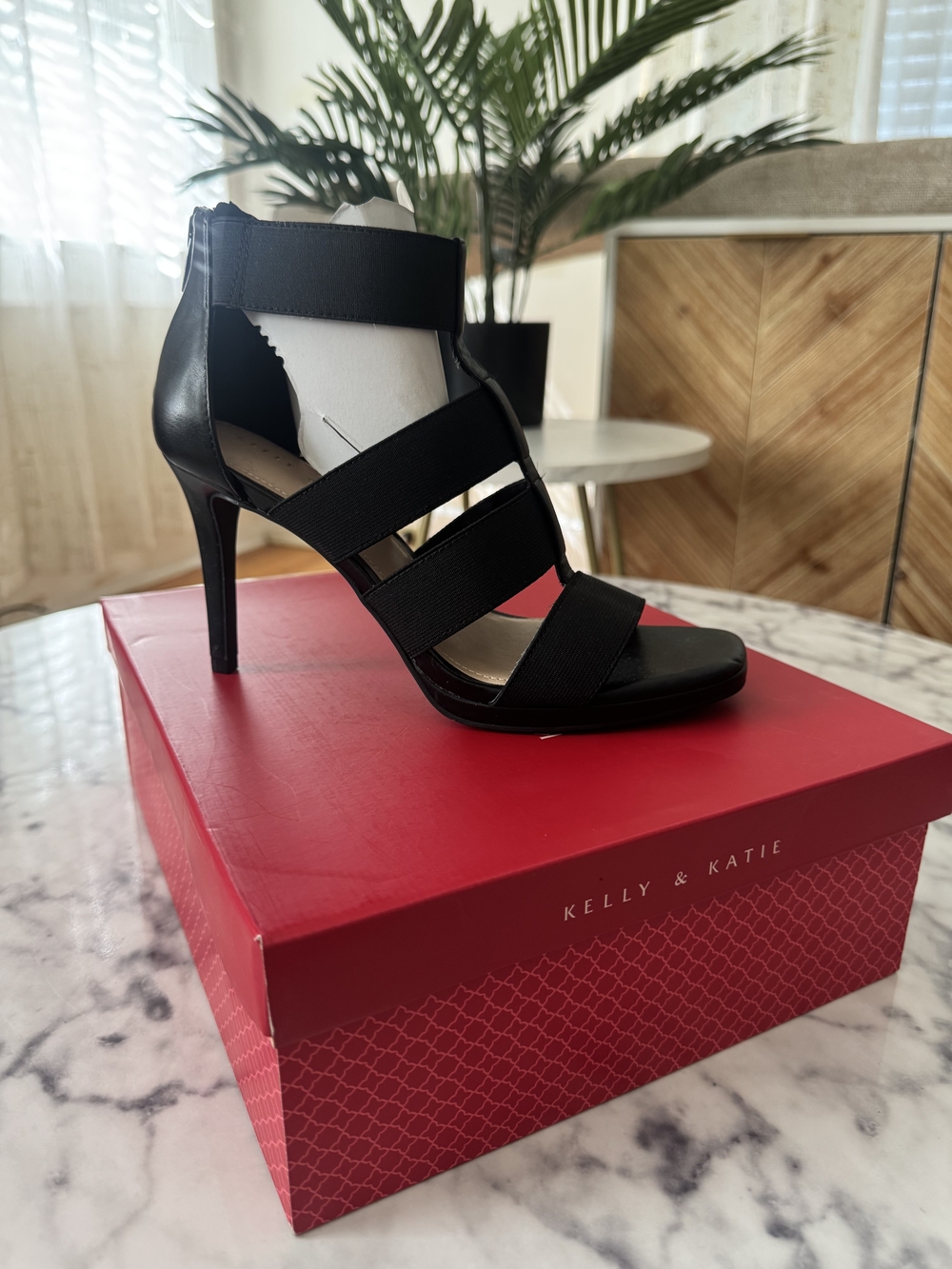 Kelly & Katie Black Strappy High Heel Sandal with Elastic Bands